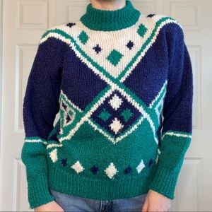 VTG 90s Blue Turquoise White Argyle Grandma Turtleneck Sweater Size M